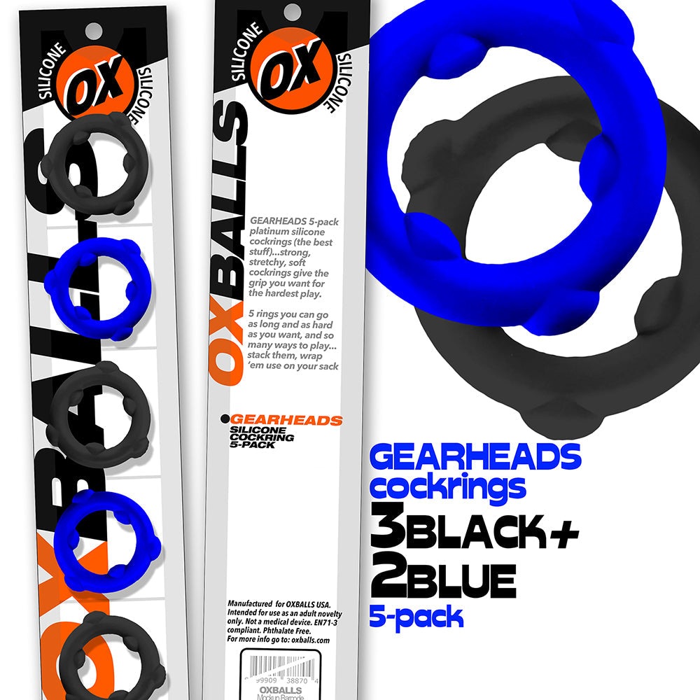 Oxballs Gearheads 5-Pack Cock Ring Set - Blue/Black